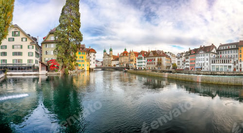 Preview: Amazing historic city center of Lucerne with famous buildings and lake Jesuitenkirche Church.