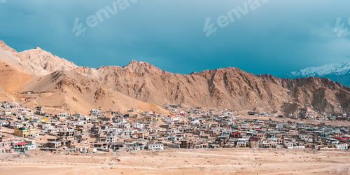 Preview: Panoramic view of Leh city in Ladakh, India, nestled in Himalayan mountains, dramatic brown ridges