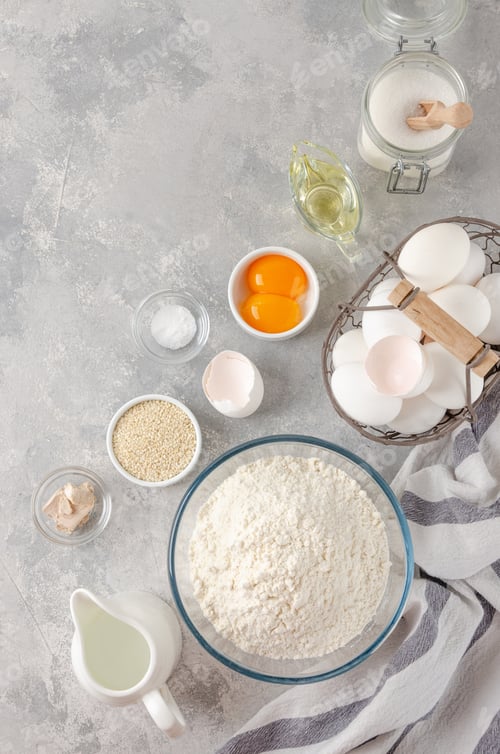 Preview: Ingredients for the preparation of challah bread dough, flour, water, sugar, eggs, yeast, oil, salt