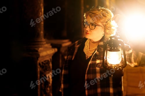 Preview: Beautiful blonde woman detective in stylish retro coat holding old lantern