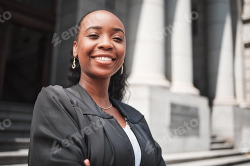 Preview: Happy, black woman or portrait lawyer with confidence, empowerment or justice outside court. Face,