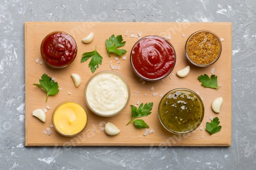Preview: Many different sauces and herbs on table, flat lay top view. sauces on plate, healthy concept