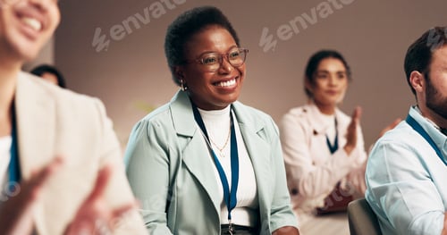 Preview: Happy, business woman and seminar with applause for presentation, speech or conference at office. F