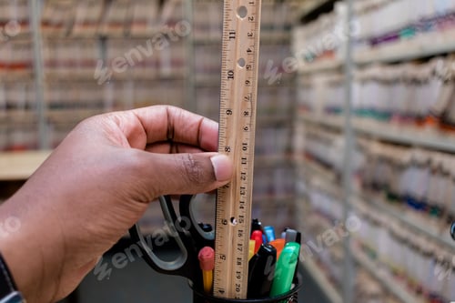 Preview: african American man in medical office surrounded by medical charts holding up a measuring ruler