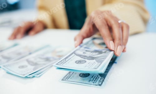 Preview: Hands, financial and a business person counting money closeup in the office of a bank for accountin