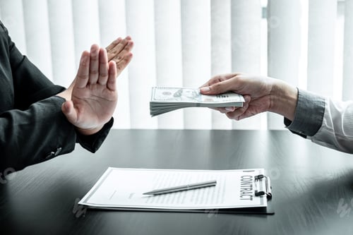 Preview: Business woman refusing receive bribe money in the envelope of their partner to give success deal