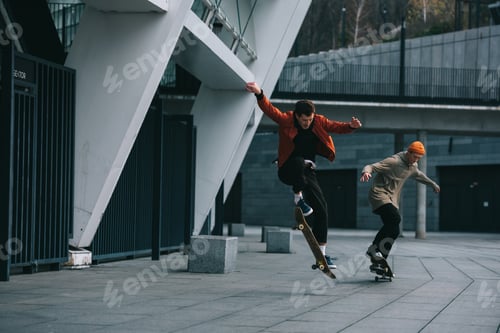 Preview: young men riding skateboards in urban location