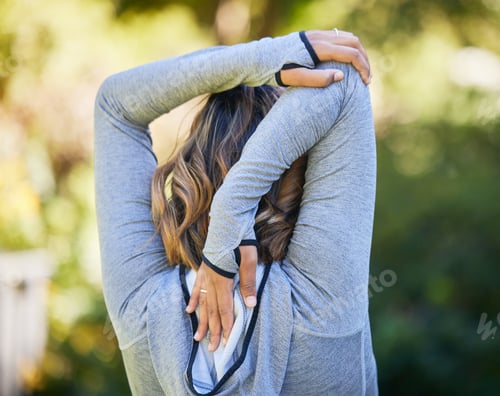 Preview: Back, outdoor and woman stretching, fitness and exercise with workout goal, nature and warm up. Hea