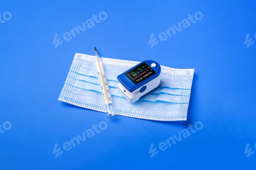 Preview: Pulse oximeter device near to thermometer and medical mask, healthcare monitoring concept