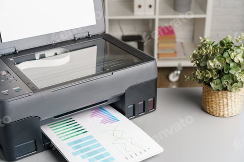 Preview: Close up of modern printer in the office