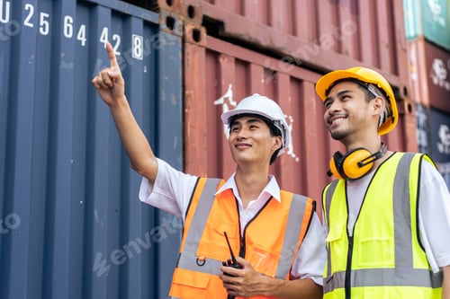 Preview: Two Asian business man worker work in container port terminal together.