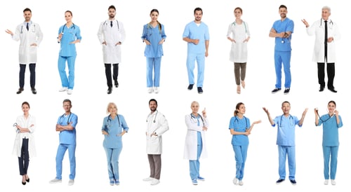 Preview: Different healthcare workers on white background, collage of photos