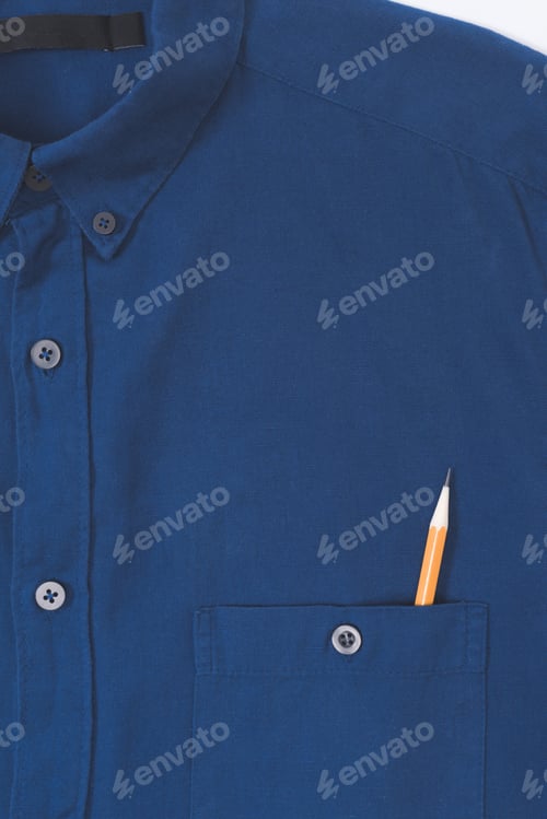 Preview: close-up view of stylish blue shirt with pencil in pocket