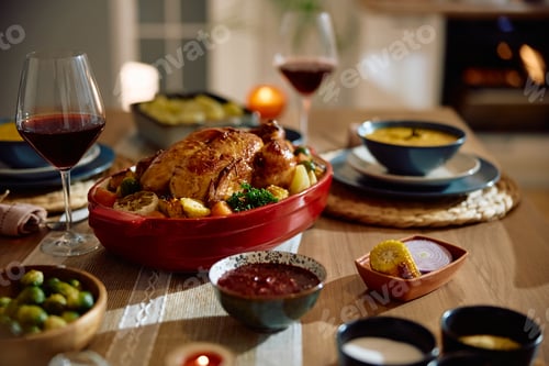 Preview: Thanksgiving table setting with roast turkey and side dishes.