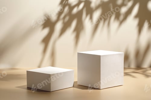 Preview: Abstract minimal nature scene with two white rectangle podiums on beige background and shadows