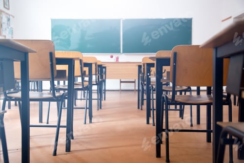 Preview: Empty Classroom with Desks and Chalkboard