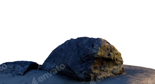 Preview: Large Rocky Boulder On Sandy Beach With Dramatic Light, 3D Rendering And Isolated Background