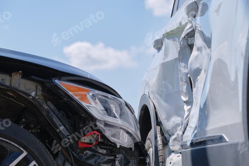 Preview: Damaged in heavy car accident vehicles after collision on city street crash site.