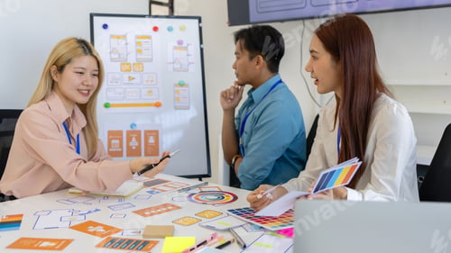 Preview: ux, ui, mobile app web designers are brainstorming to design a visual display