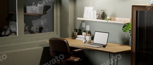 Preview: Contemporary home workplace with laptop and decor on wood table against the grey wall