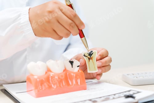 Preview: A dentist works at a desk with a tooth model, demonstrating dental care techniques