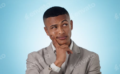 Preview: Business, thinking and man with solution, planning and problem solving on a blue background. Person