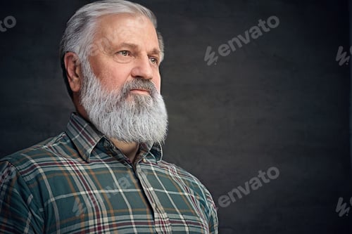 Preview: Portrait of handsome old man looking away against dark background