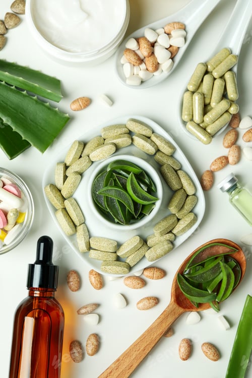 Preview: Concept of herb pills and cosmetics with aloe on white background