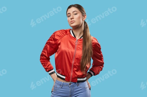 Preview: Young Woman Wearing Red Bomber Jacket Posing