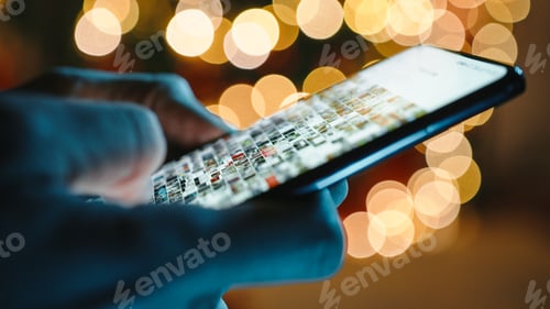 Preview: Scrolling smartphones gallery. Christmas Tree lights on background