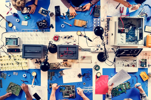 Preview: Aerial view of electronics technicians team