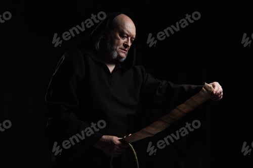 Preview: mysterious priest in dark robe reading ancient manuscript isolated on black
