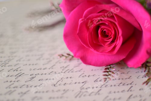 Preview: Romantic handwritten love letter with a pink rose laid on it. "I am in love" in focus