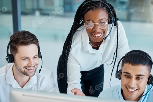 Preview: Call center, training and collaboration with business people in office for telemarketing, consultin