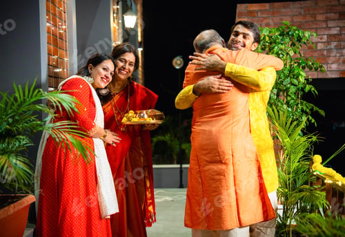 Preview: Greeting guests for Diwali night, Indian parents welcome son and wife with joy and tradition