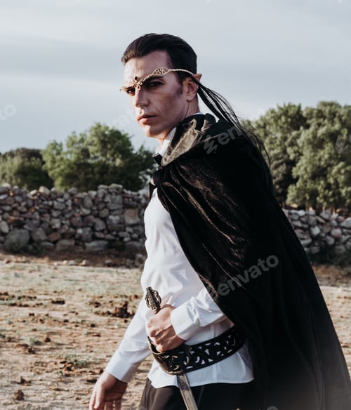 Preview: Brown-haired man with elf ears, carrying a sword in his hands.