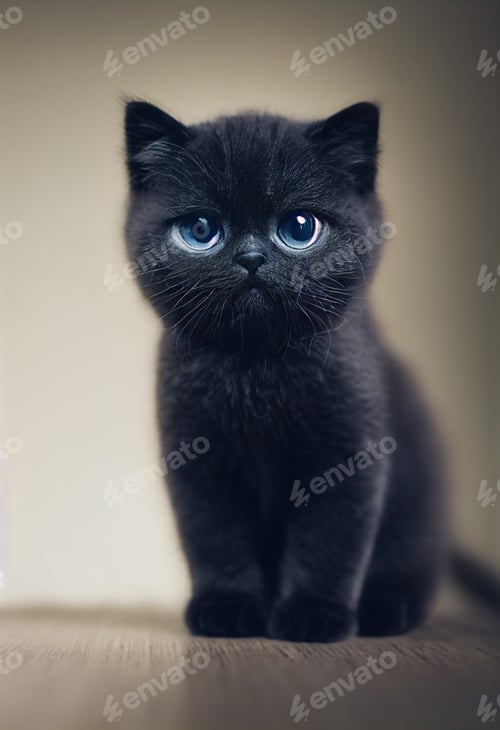 Preview: Tiny cute adorable black british shorthair kitten, with black background,studio lighting.pure breed