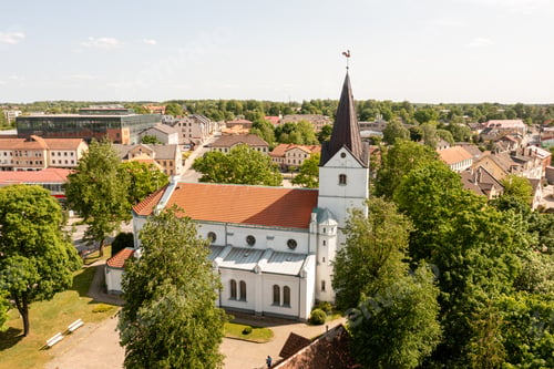 Preview: Aerial view of the city center and Saldus Lutheran Church. Saldus, Latvia