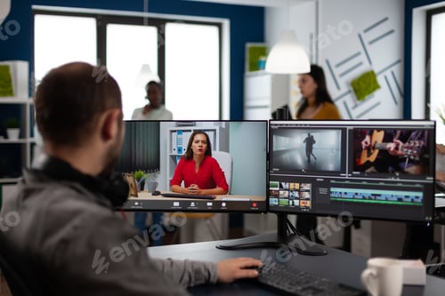 Preview: Video editor in web online production conference with project manager on video call