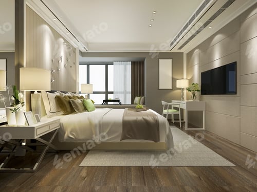 Preview: 3d rendering beautiful luxury bedroom suite in hotel with tv