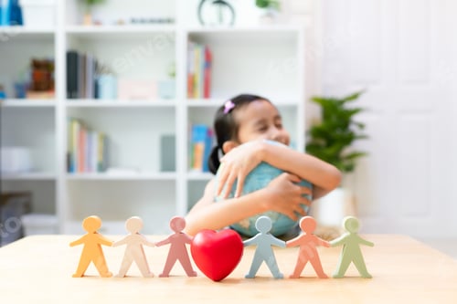 Preview: Blurred little girl hugging globe model, concept of diversity, inclusion, unity and love.