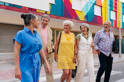 Preview: Group of senior friends meeting outddors in the city and having fun