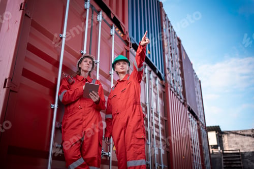 Preview: Portrait dockworkers or engineers standing in front of large shipping containers suggests an industr