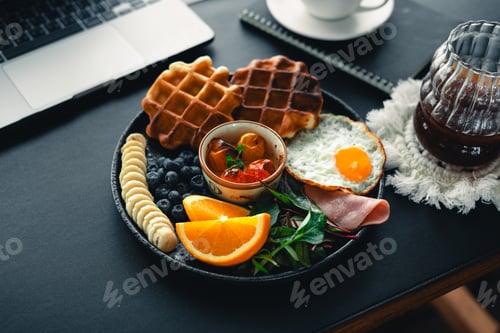 Preview: breakfast waffles with Fried Eggs fruit and ham.