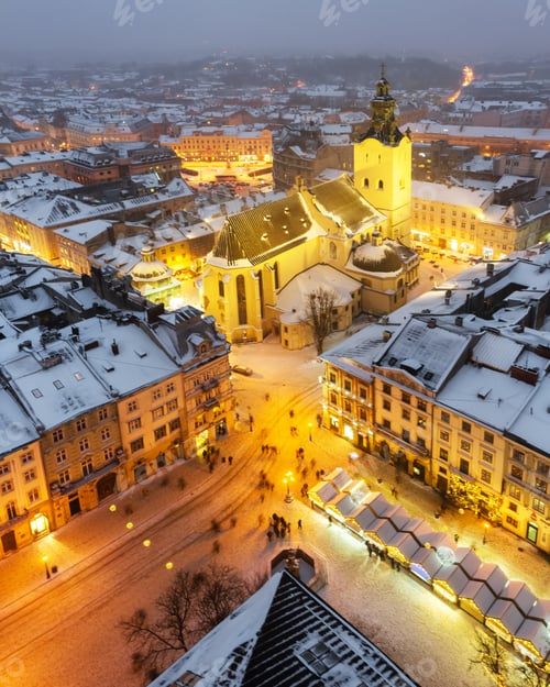 Preview: Gorgeus cityscape of winter Lviv city