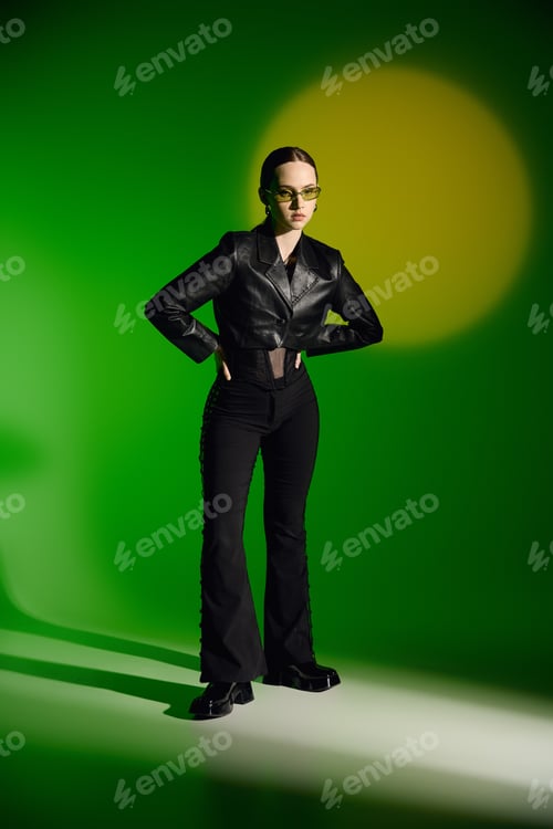 Preview: Elegant young woman showcases modern fashion style against green backdrop