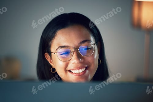 Preview: Glasses, laughing and woman streaming comedy show online, internet and at night in a home with subs