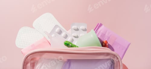 Preview: Pink bag with medicines and pads during menstruation
