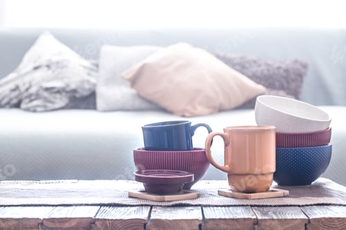 Preview: still life interior decor with home utensils on a wooden table