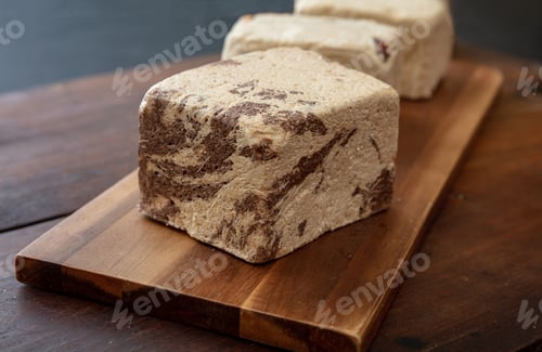 Preview: Halva cocoa pieces on wooden table background, closeup view.